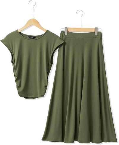 Dokotoo المرأة قطعتين ملابس الصيف عادية Crewneck كم قصير Ruched متماسكة القمم مرونة الخصر ألف خط ميدي تنورة مجموعة in Saudi Arabia