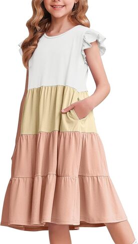 Arshiner Girl's Summer Dresses Ruffle Sleeve Tiered Swing Midi Casual Sundress with Pockets in Saudi Arabia