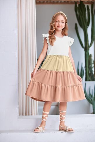 Arshiner Girl's Summer Dresses Ruffle Sleeve Tiered Swing Midi Casual Sundress with Pockets in Saudi Arabia