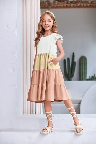 Arshiner Girl's Summer Dresses Ruffle Sleeve Tiered Swing Midi Casual Sundress with Pockets in Saudi Arabia