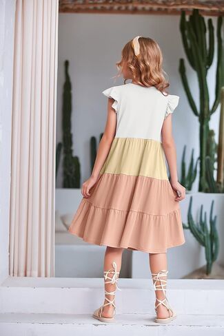 Arshiner Girl's Summer Dresses Ruffle Sleeve Tiered Swing Midi Casual Sundress with Pockets in Saudi Arabia