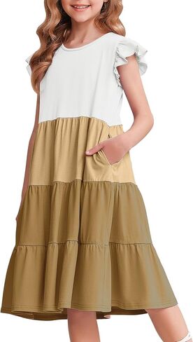 Arshiner Girl's Summer Dresses Ruffle Sleeve Tiered Swing Midi Casual Sundress with Pockets in Saudi Arabia
