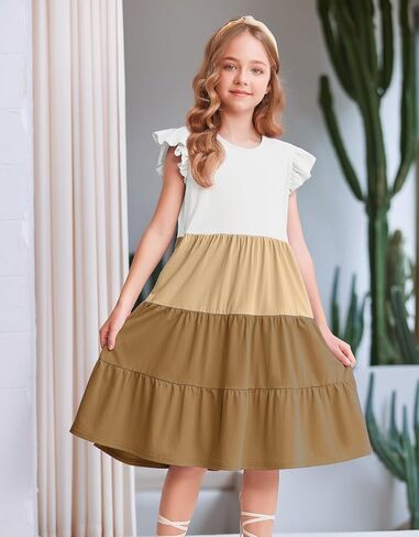Arshiner Girl's Summer Dresses Ruffle Sleeve Tiered Swing Midi Casual Sundress with Pockets in Saudi Arabia