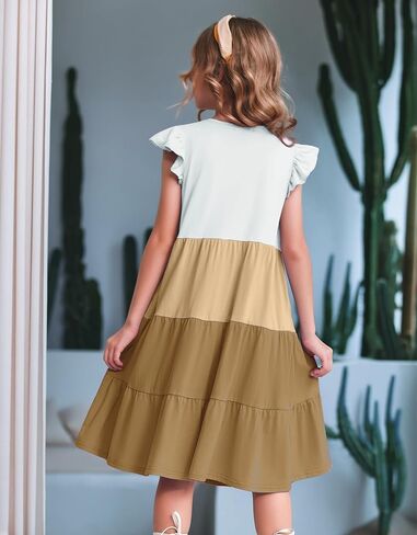 Arshiner Girl's Summer Dresses Ruffle Sleeve Tiered Swing Midi Casual Sundress with Pockets in Saudi Arabia