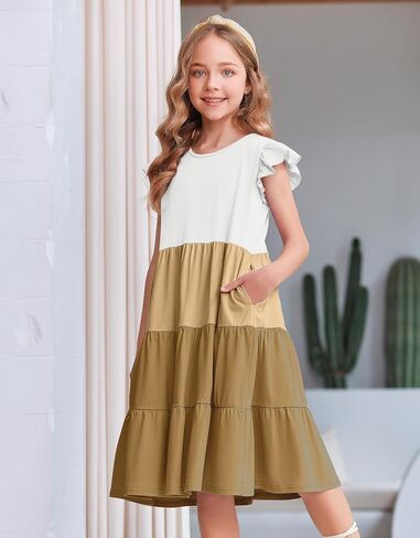 Arshiner Girl's Summer Dresses Ruffle Sleeve Tiered Swing Midi Casual Sundress with Pockets in Saudi Arabia