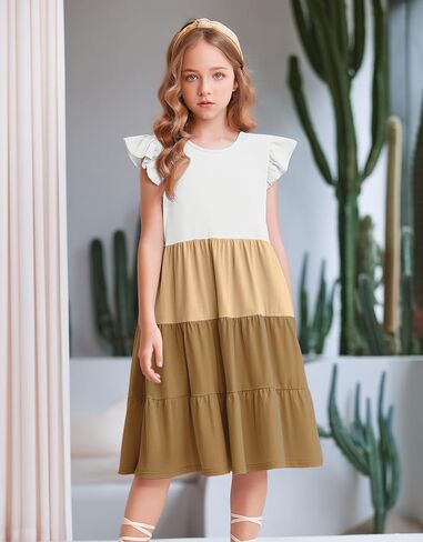 Arshiner Girl's Summer Dresses Ruffle Sleeve Tiered Swing Midi Casual Sundress with Pockets in Saudi Arabia