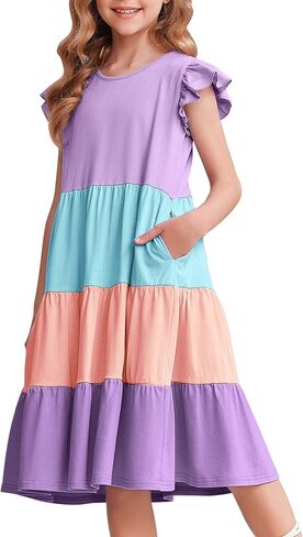 Arshiner Girl's Summer Dresses Ruffle Sleeve Tiered Swing Midi Casual Sundress with Pockets in Kuwait