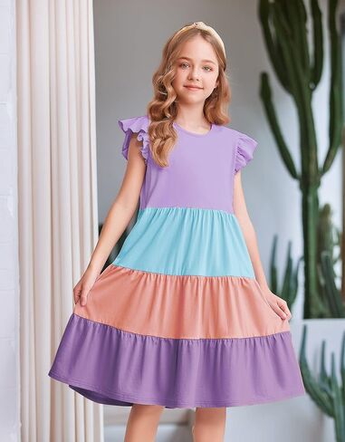 Arshiner Girl's Summer Dresses Ruffle Sleeve Tiered Swing Midi Casual Sundress with Pockets in Kuwait