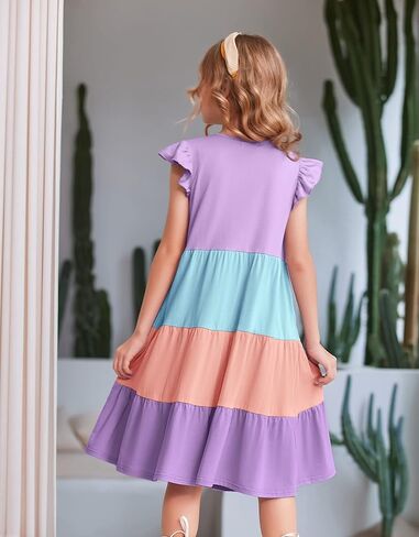 Arshiner Girl's Summer Dresses Ruffle Sleeve Tiered Swing Midi Casual Sundress with Pockets in Kuwait