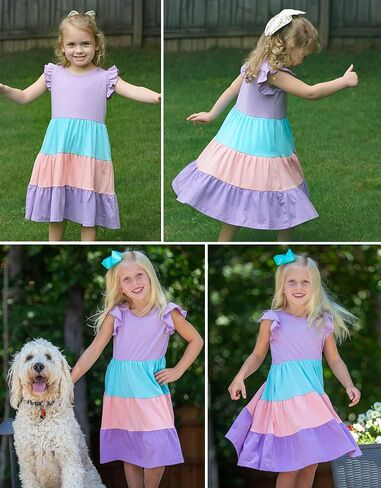 Arshiner Girl's Summer Dresses Ruffle Sleeve Tiered Swing Midi Casual Sundress with Pockets in Kuwait