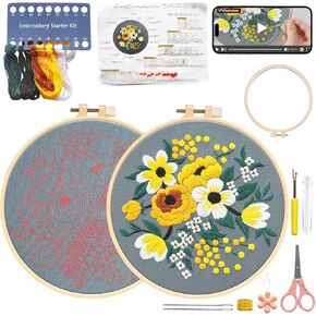 VIVAwisdom Basic Embroidery kit for Adult; DIY Hand Embroidery kit with Cross Stitch Thread;Embroidery Hoops; Embroidery Thimble, Needle Threader, Seam Ripper, Scissors