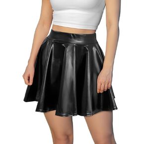 LEACOOLKEY Women's Fashion Flared Pleated A-line Skater Skirt Shiny Stretchy Skirt for Casual/Music Festival/Halloween