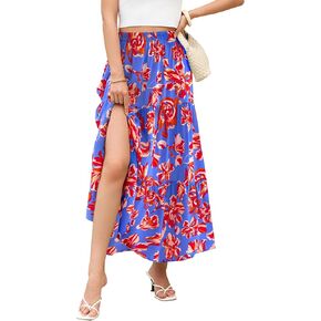CFLONGE Floral Maxi Skirts for Women Summer Pleated High Waisted Casual Long Skirts with Pockets High Slit Boho Flowy Skirt