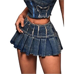 MakeMeChic Women's Denim Skirt Frayed Pleated A Line Y2K Mini Jean Skirts