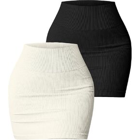 FEOYA Womens Bodycon Mini Pencil Skirt High Waisted Ribbed Tight Skirt Miniskirt Knitted Skirt Pack of 2 Skirt