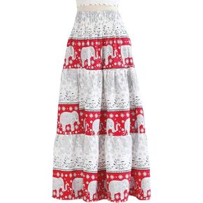 Casual Maxi High Waisted Lightweight Silky Soft Flowy Ruffle Cute Trendy Boho Hippy Long Skirts for Women, Elastic Waistband