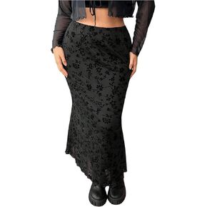 Verdusa Women's Plus Size Floral Print Fishtail Mesh Skirt High Waisted Lettuce Trim Long Skirts