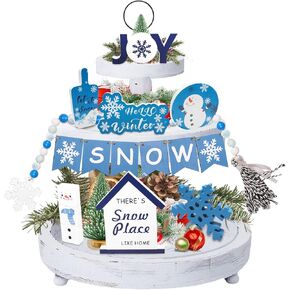 16 Pcs Winter Christmas Tiered Tray Decor 3D Tabletop Farmhouse Sign Tray Decorations Winter Snowflake Wooden Tiered Tray Decor for Home Decor Winter Holiday Party Supplies