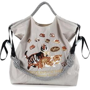 Women fashion handbag embroidered with nylon cat pattern handbag is a shopping bag for travel, beach birthday gifts