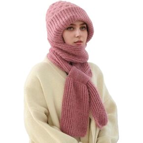 Women Winter Beanie Hats Scarf One-Piece Fleece Lined Warm Knit Ear Protection Integrated Hooded Scarf Cap