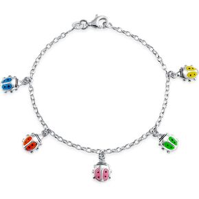 Good Luck Lucky Garden Red Colorful 5 Multi Ladybug Dangling Charm Bracelet For Teens .925 Sterling Silver 6-7.5 Inch Wrist