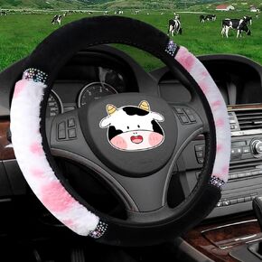 SuperKaKa Furry Bling Cow Print Steering Wheel Cover, Cute PlushAuto Cow-Pattern Covers Soft Warm with Diamonds Universal Car Interior Accessories for Women Men (Black)