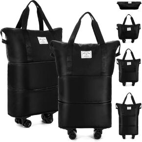 Abbylike 2 Pcs Rolling Duffle Bag with Wheels Carry on Large Duffel Bag Foldable Travel Bag Expandable Luggage Bag Tote Bags Suitcase, Black