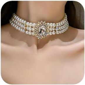 fxmimior Boho Pearl Rhinestones Shiny Choker Necklaces Dainty Rhinestones Pearls Chunky Short 1920s Choker Necklace Multilayer Choker Necklaces Prom Party Bar for Women
