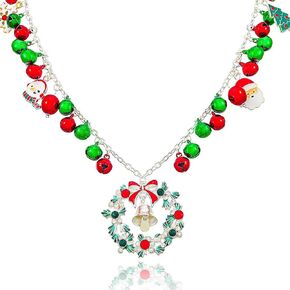 Sixexey Christmas Necklace Wreath Jingle Bell Pendant Necklaces Silver Neck Chain X-mas Holiday Necklace Jewelry for Women