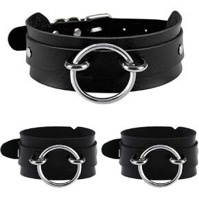 Black Wide Soft Faux Leather Collar Choker and Bracelets Set,Adjustable Thick PU Necklace for Mens Womens,Circle Ring Charms