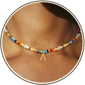 JSJOY Colorful Beaded Initial Necklaces for Women Beaded Choker y2k Rainbow Beaded Necklace Gold Tiny Letter A-Z Pendant Handmade Colorful Necklace Jewelry Gifts for Teen