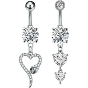 2Pcs 14G Clear CZ Heart Dangle Belly Button Rings for Women Sparking Surgical Steel Belly Navel Curved Barbells Long Dangling Belly Piercing Jewelry