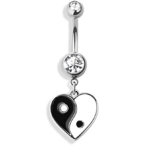 Pierced Owl - 14GA Dangling Yin-Yang Heart with Double Jeweled Bar 316L Surgical Stainless Steel Navel Belly Button Ring