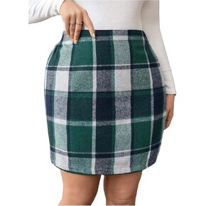 MakeMeChic Women's Plus Size Plaid Skirt Elastic High Waisted Pencil Mini Skirts