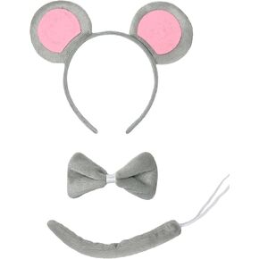 3 Pcs Mouse Ears Headband Costume Accessories Set,Grey Pink Rat Ears Headband/Bow Tie/Tail for Kids