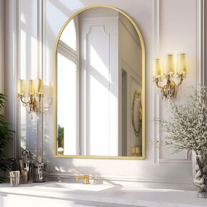 Arched Gold Bathroom Mirror, 24"x36" Arched Mirror, Brushed Metal Frame Vanity Wall Mounted Mirror for Bedroom, Entryway, Living Room, Hallways