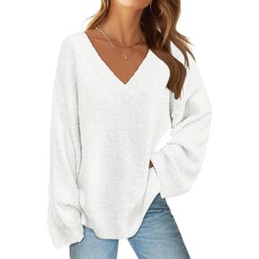 MEROKEETY Women's Long Sleeve V Neck Fuzzy Fleece Sweater Oversized Casual Cozy Knit Pullover Tops