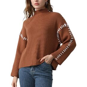 Wyeysyt Women's 2024 Fall Mock Turtleneck Sweater Contrast Stitching Chunky Long Sleeve Knit Sweater Pullover Top
