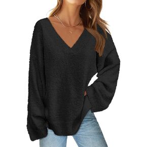 MEROKEETY Women's Long Sleeve V Neck Fuzzy Fleece Sweater Oversized Casual Cozy Knit Pullover Tops in Kuwait