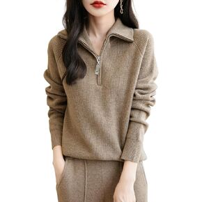 Women's 100% Merino Wool Sweater 2024 Fall Winter 1/4 Zip Pullover Casual Long Sleeve Knit Sweater Tops