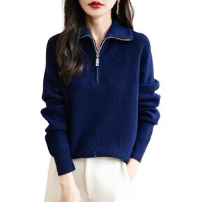 Women's 100% Merino Wool Sweater 2024 Fall Winter 1/4 Zip Pullover Casual Long Sleeve Knit Sweater Tops