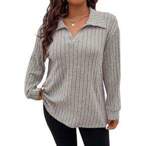 Koscacy Women Plus Size Casual Knit Sweater Lapel V Neck Solid Color Tops Lightweight Long Sleeve Blouses