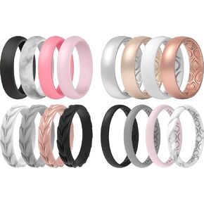 ThunderFit Silicone Wedding Bands for Women, Classic Leaf and Thin Patterned 16 Mixed Rubber Engagement Rings