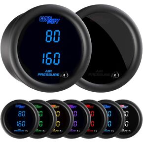 GlowShift Tinted 7 Color Dual Digital 220 PSI Air Pressure Gauge Kit - for Air Ride Suspension Systems - Includes 2 Electronic Sensors - Multi-Color LED Display - Smoked Lens - 2-1/16" 52mm