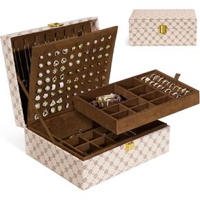 4 Layer Jewelry Box for Women, Travel Jewelry Case, Earring Holder Organizer: Jewelry Organizer for Earrings Necklace Rings Bracelets PU Surface, Travel Jewelry Box with Lock, Christmas Gifts, Brown