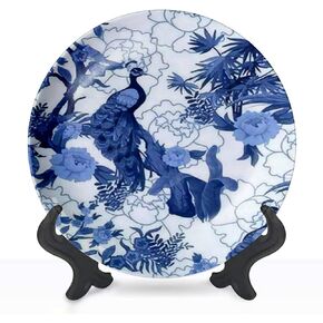 Decorative Plates Seamless in Chinoiserie Style with Birds Peonies Wall Decor Ceramic Ornament with Display Stand and Hook Up for Festival, Parties, Wedding 8", Collector Plate
