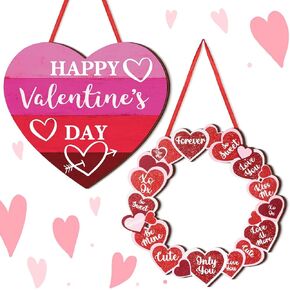2 Pieces Valentine's Day Wooden Hanging Sign Happy Valentine's Day Wreath Sign Valentine's Day Heart Wooden Wall Decor Wooden Hanging Sign for Valentine's Day Room Door Decor