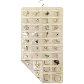 2 PACK(Total 160 Pockets) Hanging Jewelry Organizer with Hanger Metal Hooks Storage On Wall Door Closet Double-Sided(Each Side 40 Pockets) Jewelry Holder for Earrings, Necklaces, Rings (2 Pcs Beige)