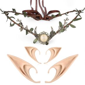 MOSTORY Elf Ears with Woodland Moon Forest Headpiece Cosplay Costumes Fairy Leaf Crown Headband and 2 Pairs Soft Elven Ears with Crystal for Women Girls Halloween Party Birthday Bridal