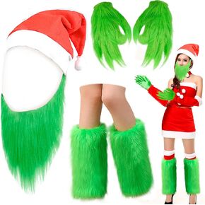 Green Monster Costume Adult Green Leg Warmers Beard Gloves Santa Hat Cosplay Sets for Men Women Christmas Dress Up